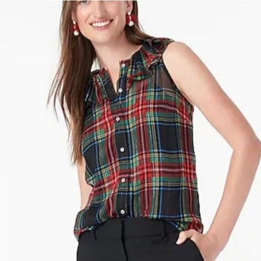 J. Crew Ruffle Collar Stewart Tartan Plaid Sleeveless Button Top Blouse Medium